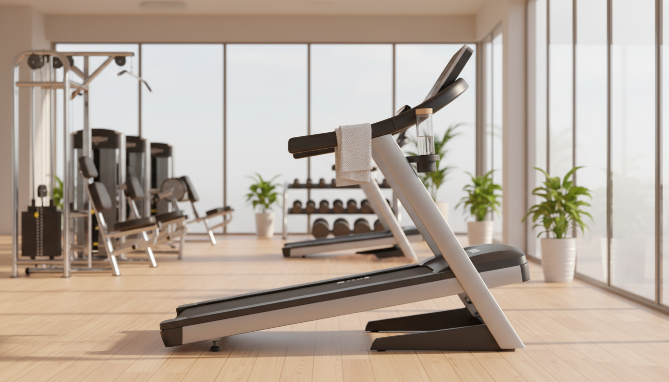 Cinta de correr con inclinación en un gimnasio luminoso con zona de pesas al fondo