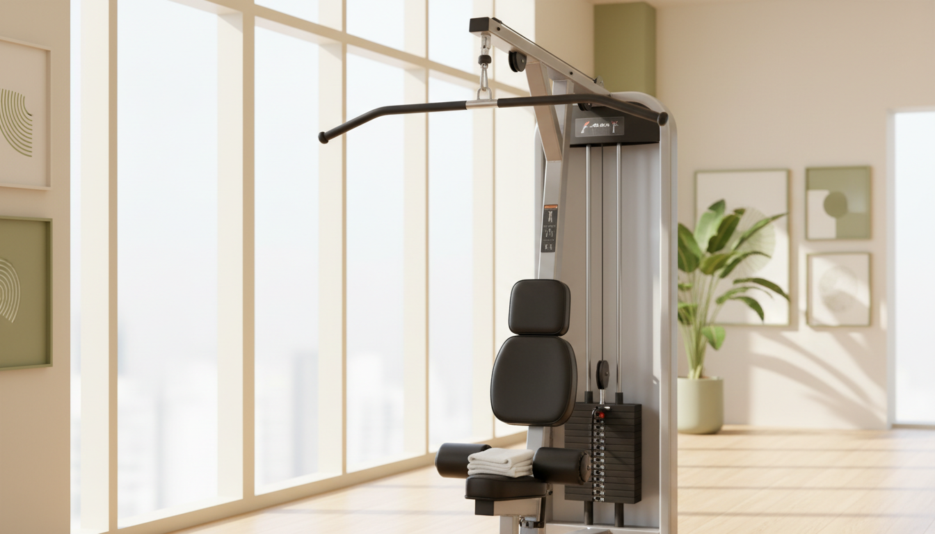 Máquina de jalón al pecho en un gimnasio luminoso con una toalla en el asiento