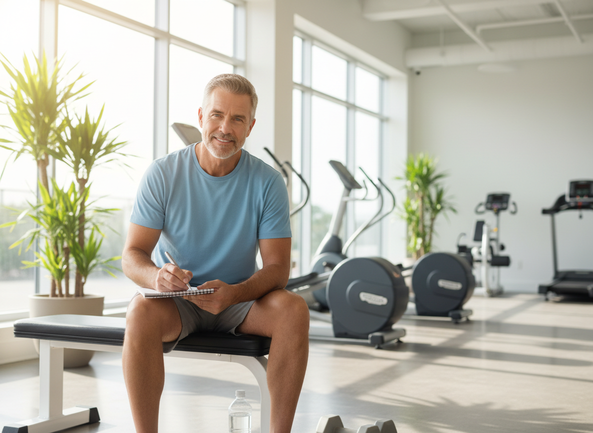 Hombre sentado en un banco del gimnasio apuntando su plan de entrenamiento en una libreta