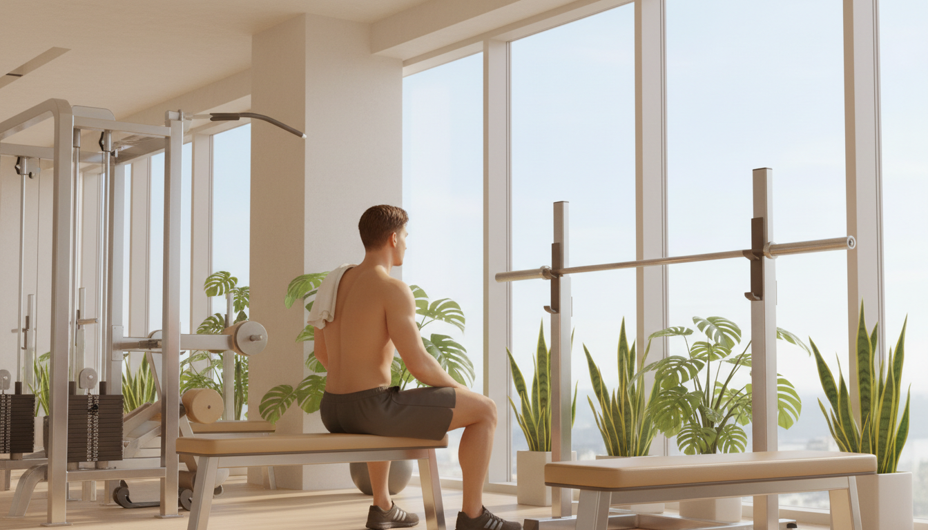 Chico sentado en un banco del gimnasio mirando por un ventanal después de entrenar