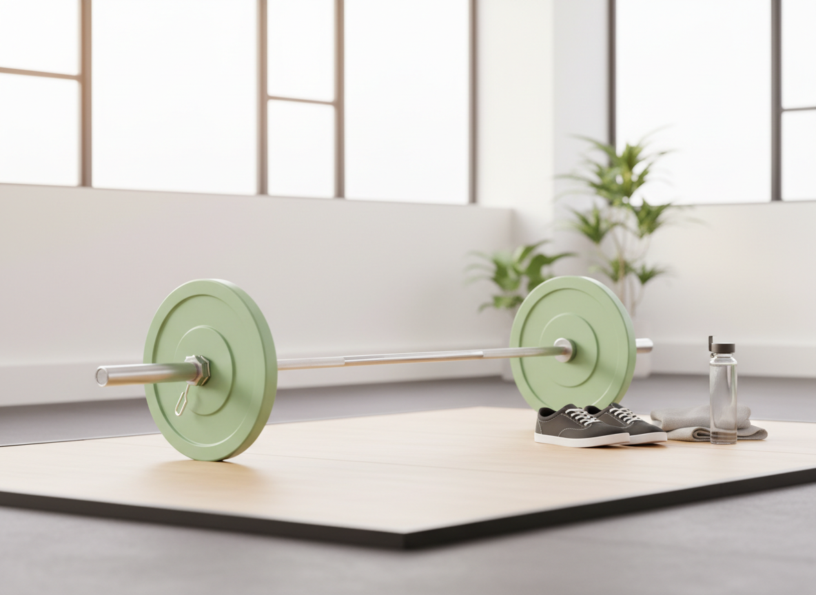 Barra con discos verdes sobre una plataforma de madera en un gimnasio luminoso, junto a unas zapatillas y una botella de agua
