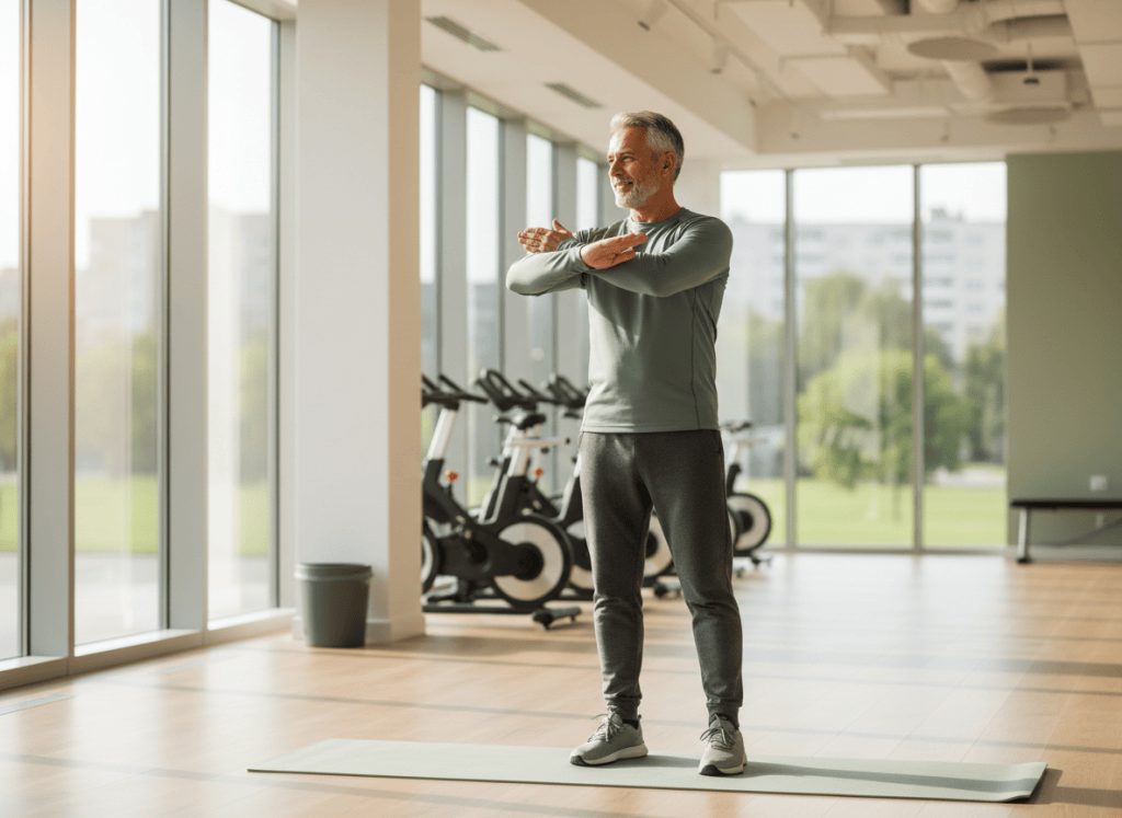 Hombre de unos 60 años haciendo círculos con los brazos para calentar en un gimnasio luminoso