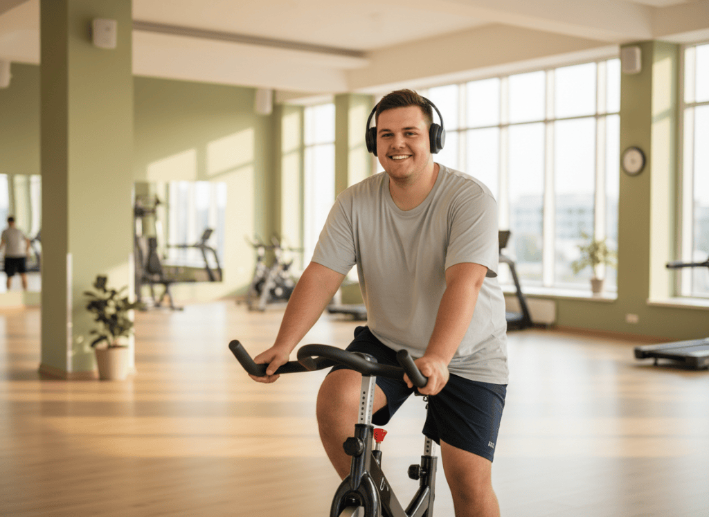 Chico sonriente y relajado con auriculares pedaleando en una bicicleta estática en un gimnasio tranquilo y luminoso