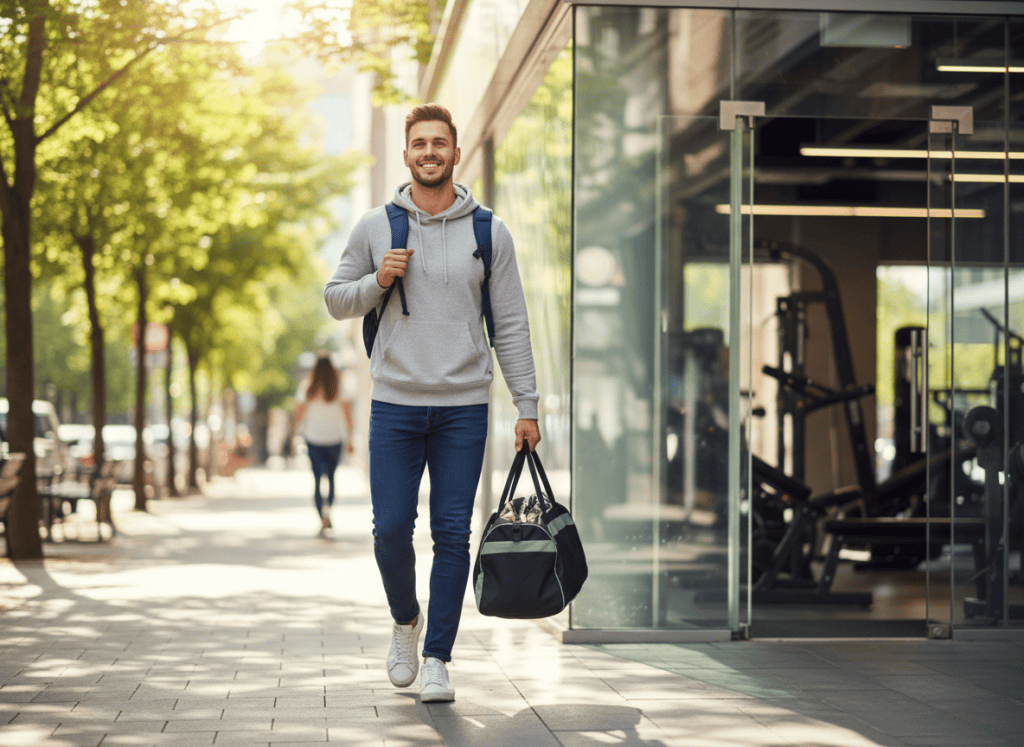 Chico joven con mochila y bolsa de deporte caminando sonriente hacia la entrada de un gimnasio a mediodía