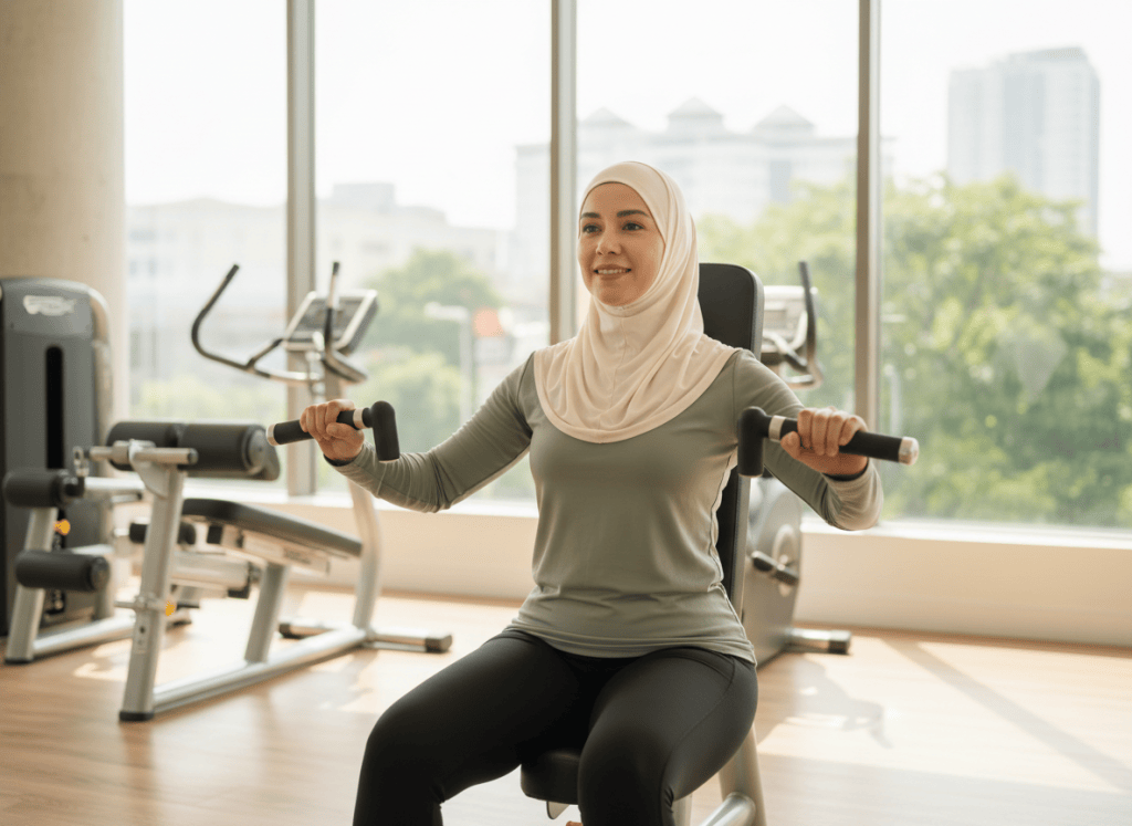 Mujer con hiyab deportivo haciendo press de pecho en máquina en un gimnasio luminoso