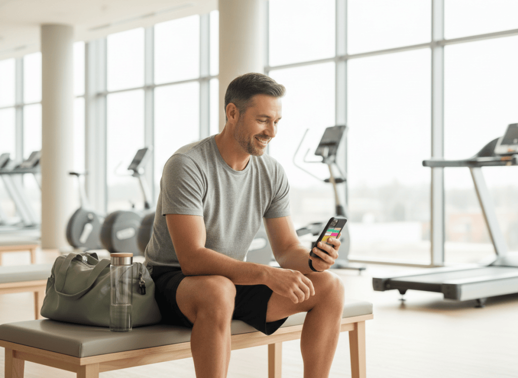 Hombre de unos 40 años sonriendo mientras consulta su plan semanal de entrenamiento en el móvil en un gimnasio luminoso