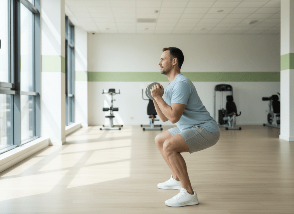 Hombre principiante haciendo una sentadilla con una mancuerna ligera en un gimnasio luminoso