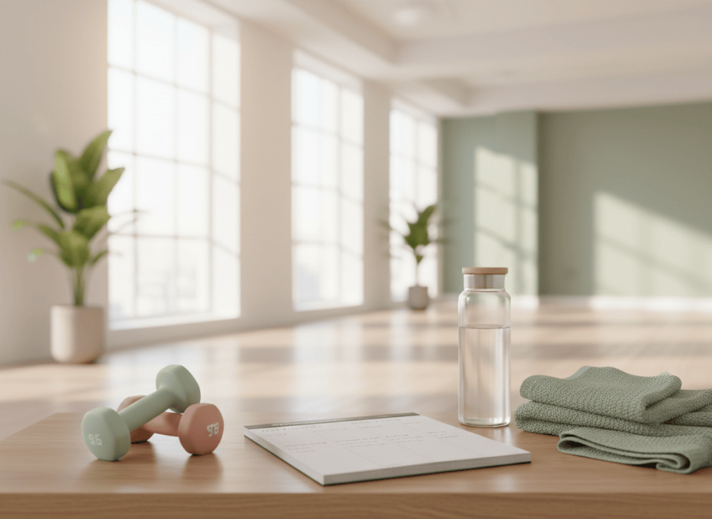 Libreta con un plan de entrenamiento, mancuernas ligeras y botella de agua en un banco de un gimnasio luminoso