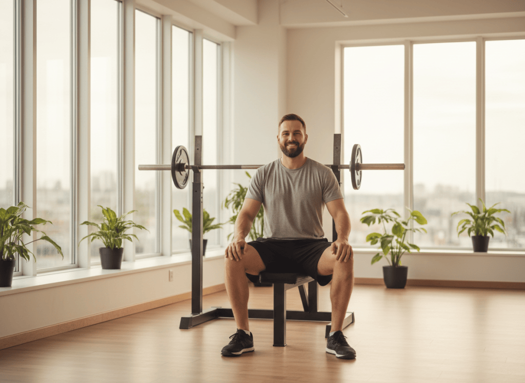 Hombre sonriente sentado en un banco de press de banca preparado en un gimnasio luminoso