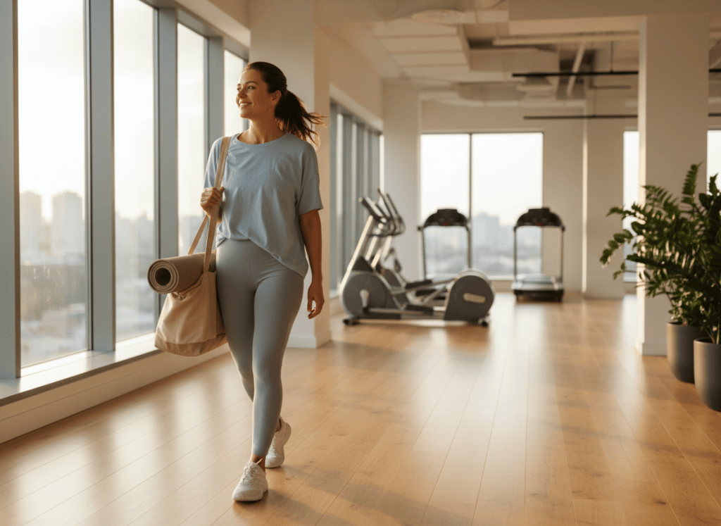 Mujer sonriente entrando al gimnasio con su bolsa por la mañana