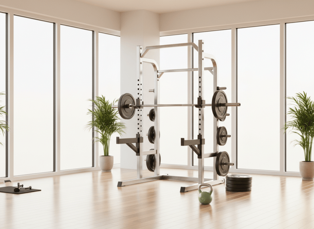 Rack de sentadillas con una barra preparada y barras de seguridad en un gimnasio luminoso