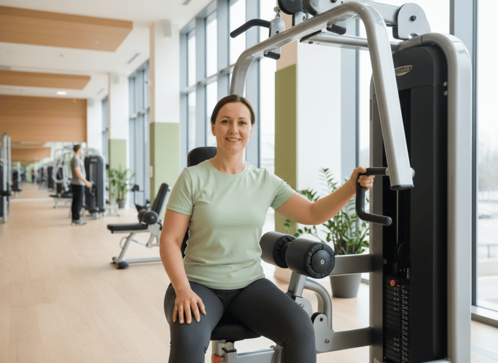 Mujer sonriente subiendo un poco el peso en una máquina de press de pecho en un gimnasio luminoso